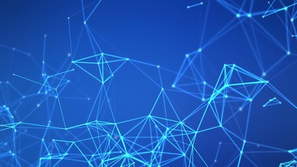 Poster - Blue digital data and network connection triangle lines and spheres in futuristic technology concept on blue background, 3d abstract illustration