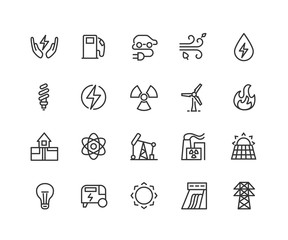 Electric energy linear icons set. Electricity. Power generation and accumulation. Thin line contour symbols. Isolated vector outline illustrations. Editable stroke 48x48 Pixel Perfect.