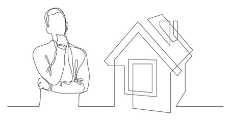 Poster - man thinking about buying house - continuous line drawing
