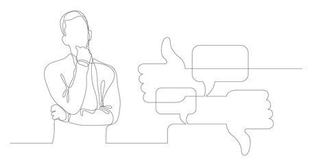Poster - man thinking about discussion in social media - continuous line drawing