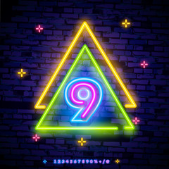 Number nine symbol neon sign vector. Ninth, Number nine template neon icon, light banner, neon signboard, nightly bright advertising, light inscription. Vector illustration