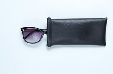 Canvas Print - Sunglasses with protective leather case on gray background.