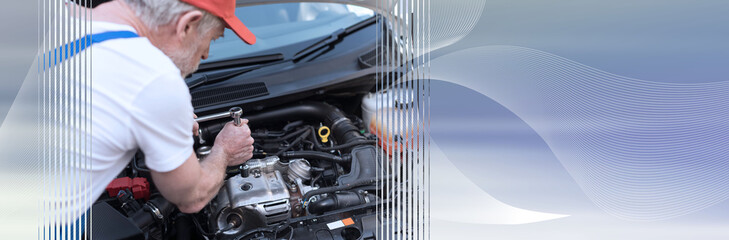 Car mechanic working on car engine. panoramic banner