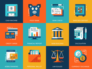 Poster - flat conceptual banking and finance icons concepts set for website and mobile site and apps. e-banki