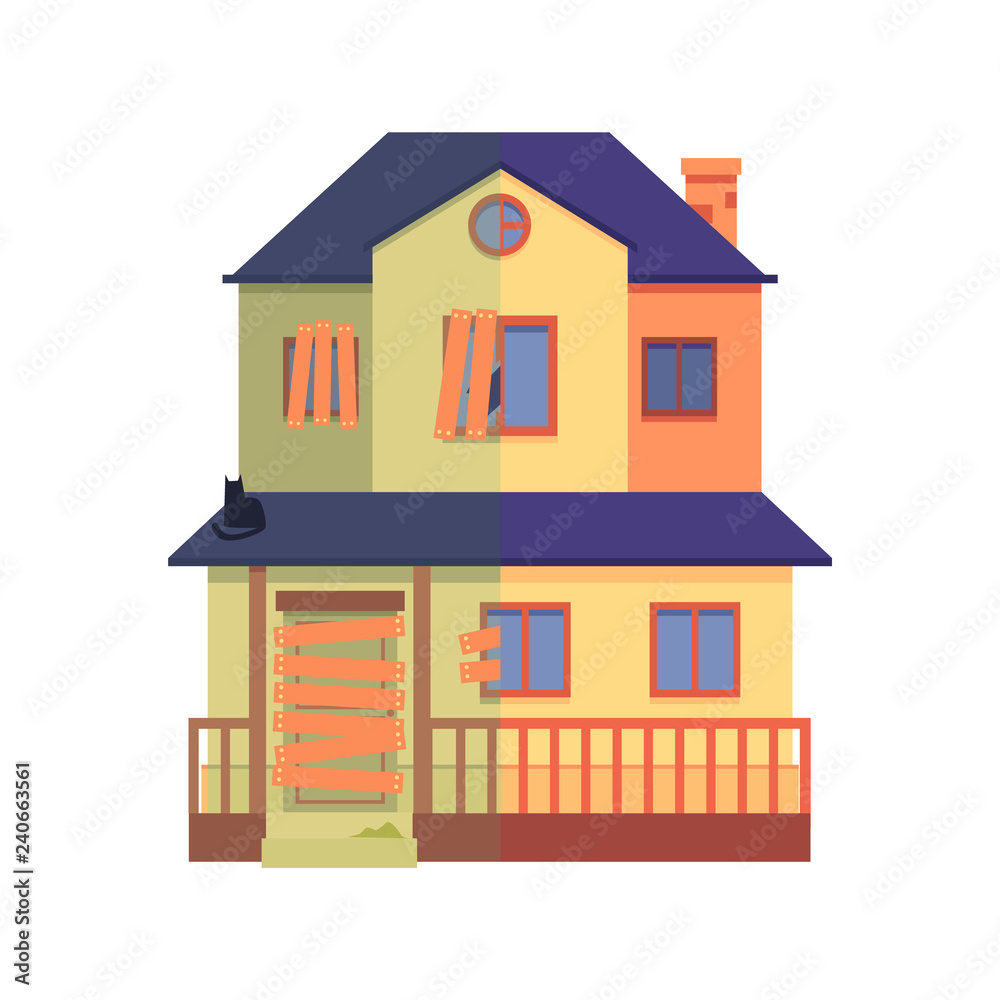 Vector house renovation concept with private house before and after ...