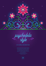 Purple Floral Card In Psychedelic Style, Neon, Acid Color.