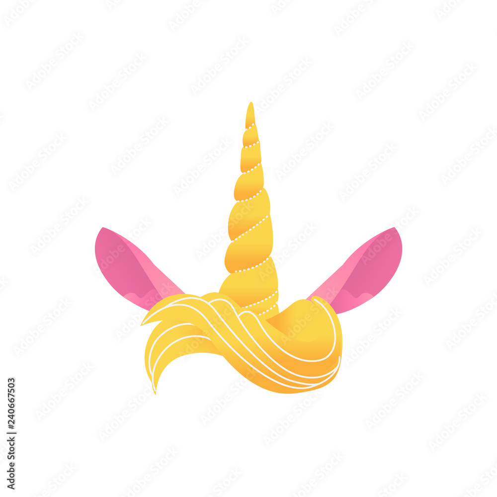 Unicorn yellow horn with hair and pink ears vector illustration ...