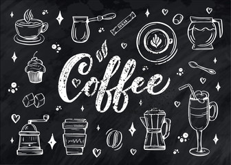 Wall Mural - Hand lettering ellements in sketch style for coffee shop or cafe. Hand drawn vintage cartoon design, isolated on background