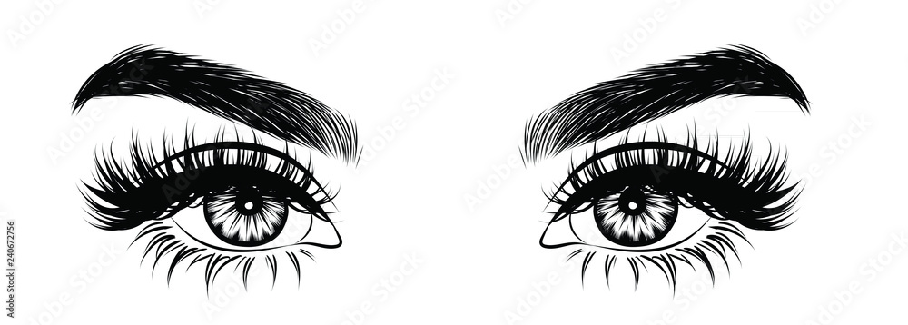 Abstract fashion illustration of the eye with creative makeup. Hand drawn vector idea for business visit cards, templates, web, salon banners,brochures. Natural eyebrows and glam eyelashes - obrazy, fototapety, plakaty 