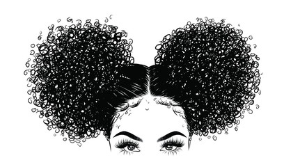 curly beauty girl illustration isolated on clear background. double buns with long hair. hand draw i