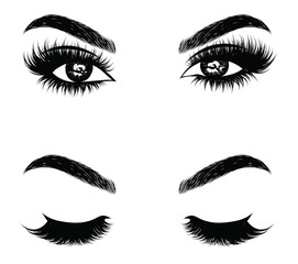 Wall Mural - Abstract fashion illustration of the eye with creative makeup. Hand drawn vector idea for business visit cards, templates, web, salon banners,brochures. Natural eyebrows and glam eyelashes