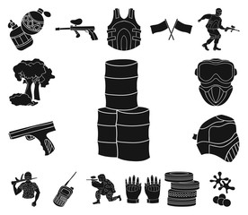 Poster - Paintball, team game black icons in set collection for design. Equipment and outfit vector symbol stock web illustration.