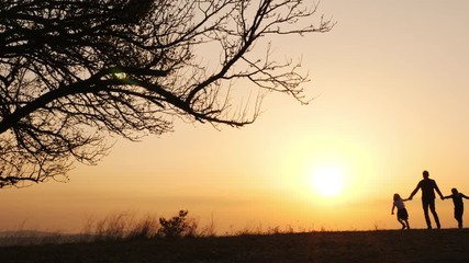 Wall Mural - Silhouettes of happy family walking together in the meadow during sunset