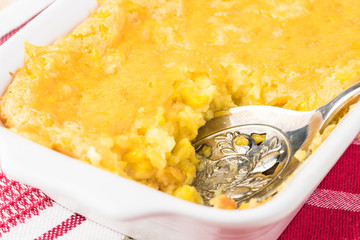 Homemade fresh baked creamy cheese corn casserole.