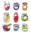 Set od hand drawn mason jars with jam, vector illustration