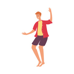 Canvas Print - vector cartoon young adult man dancing at beach party in summer clothing, in shorts and shirt with f