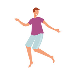 Wall Mural - vector cartoon young adult man dancing at beach party in summer clothing, in shorts and shirt with flowers print raising hands up. Isolated illustration on a white background.