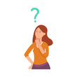 © sabelskaya - Vector young cute woman portrait thinking. Beautiful character standing thoughtful pose holding chin thinking with questions above head. Isolated illustration