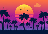 Fototapeta Zachód słońca - Vector purple sunset on background of palm silhouettes. California beach, summer vacation backdrop for design. Tropical sunset scene for travelling design.