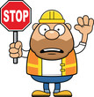 Cartoon Road Worker Worried Stop Sign