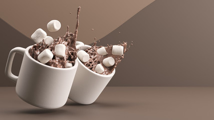 Marshmallows Splash in Two Cups of Hot Cocoa