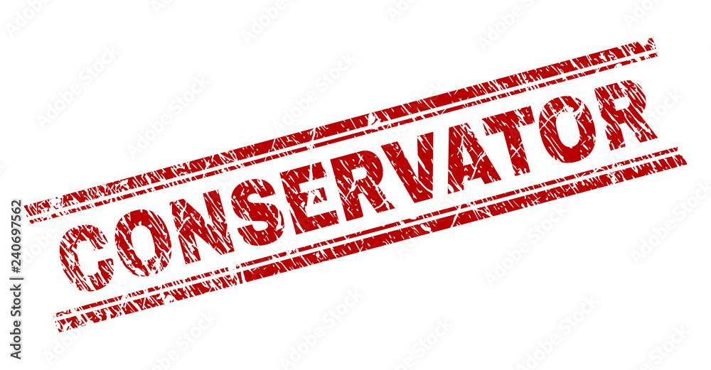 CONSERVATOR seal watermark with corroded style. Red vector rubber print ...