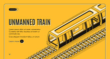 Vector Concept Banner With Unmanned Electric Train On Railway On Yellow Background. Automated Transport, Autonomous Locomotive With Autopilot For Subway, Future Technology. Template For Web Page
