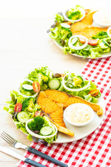 Wall Mural - Grilled salmon meat steak with fresh vegetable