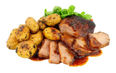 Wall Mural - Roast duck meal with roasted potatoes and plumb sauce isolated on a white background