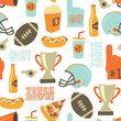 © StockArtRoom - American Football seamless vector pattern. Helmet, trophy, beer, foam finger, fast food, go and touch down lettering. Vintage style background. For tailgate party, super bowl invitation, flyer, decor.