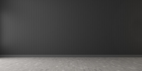 Poster - 3D stimulate of dark room interior and wood laminate floor with sun light cast gradient of shadow on the wall,Perspective of minimal design architecture.