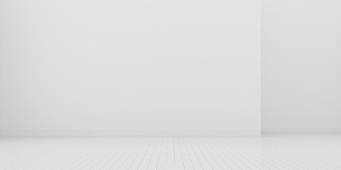 Poster - 3D rendering of empty white room interior space and white wood floor,Concept of minimal architecture design.