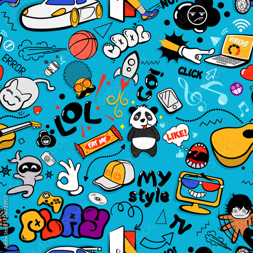 Vector Graffiti Seamless Texture With Bizarre Elements And Characters With Social Media Signs And Other Shiny Icons Print Fabric Vector Pattern With Pop Art Patches For Print Party Children S Room Buy