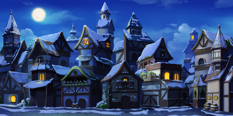Wall Mural - Small Fairy Tale Town Winter Night with Snow. Fiction Backdrop. Concept Art. Realistic Illustration. Video Game Digital CG Artwork. Industry Scenery.
