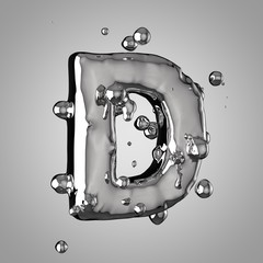 3D mercury letter D uppercase. 3D rendering liquid metal font with drops