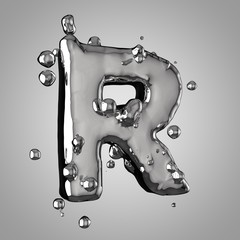 3D mercury letter R uppercase. 3D rendering liquid metal font with drops