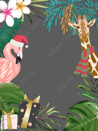 Christmas tropical frame. Card with palm tree, flamingo and giraffe. Vector i...