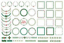 Set Of New Year, Christmas Doodle Hand Drawn Pattern Brushes And Wreath Frames