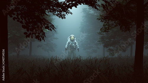 Astronaut with Gold Visor Standing in a Wooded Clearing with a Beam of Light 3d Obraz na płótnie