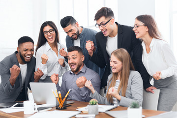 Poster - Entrepreneurs team celebrating victory in office