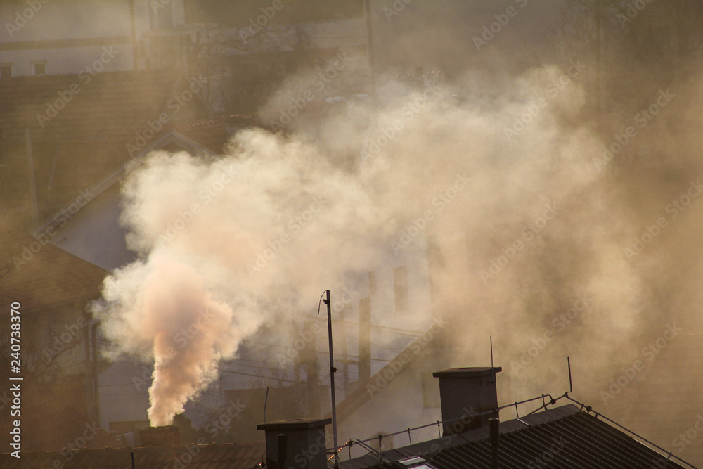 Smoking chimneys at roofs of houses emits smoke, smog at sunrise, pollutants enter atmosphere. Environmental disaster. Harmful emissions and exhaust gases into air. Fog, winter day, heating season. - obrazy, fototapety, plakaty 