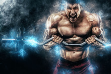 Brutal Strong Muscular Bodybuilder Athletic Man Pumping Up Muscles With Barbell On Black Background. Workout Bodybuilding Concept. Copy Space For Sport Nutrition Ads.