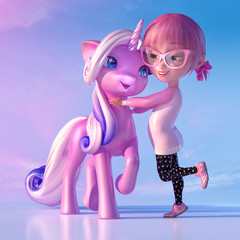 Wall Mural - Cheerful smiling cute cartoon girl playing and hugging magical unicorn baby. Funny cartoon kid characters of a little kawaii girl and unicorn. Fairytale and dreaming concept.  3D render