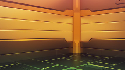 Wall Mural - Futuristic interior with empty stage. Modern Future background. Technology Sci-fi hi tech concept. 3d rendering