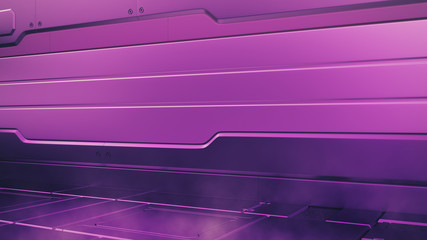 Wall Mural - proton purple interior with empty stage. Modern Future background. Technology Sci-fi hi tech concept. 3d rendering