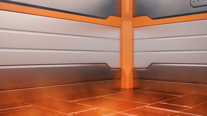 Wall Mural - Sci-Fi fire damaged metallic corridor background 3d render