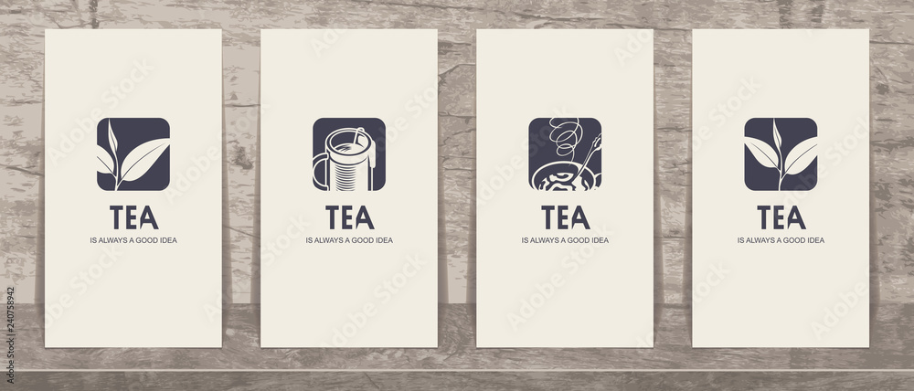 Set of four vector business cards with drawings on the theme of tea ...