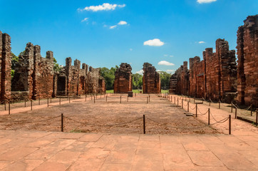 Main nave of the convent seen from the inside towards the entrance door with a clear day in San Ignacio ruins, Misiones, Argentina