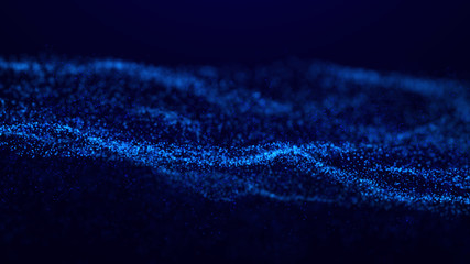 Poster - Wave Glow. Wave of particles. Wave 3d. 3d rendering. Futuristic green dots background with a dynamic wave. Abstract Big Data Visualization.