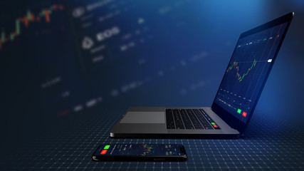 Poster - Futuristic stock exchange scene with mobile phone and laptop running concept trading app (3D illustration) 